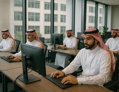The Deepora team of skilled professionals working collaboratively on computers in a modern office environment.