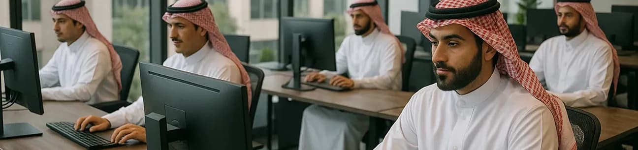 The Deepora team of skilled professionals working collaboratively on computers in a modern office environment.