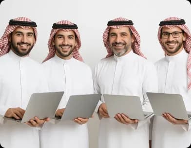  professional in Saudi attire gives a thumbs-up while using a laptop, demonstrating the simplicity and effectiveness of Deepora's communication solutions.