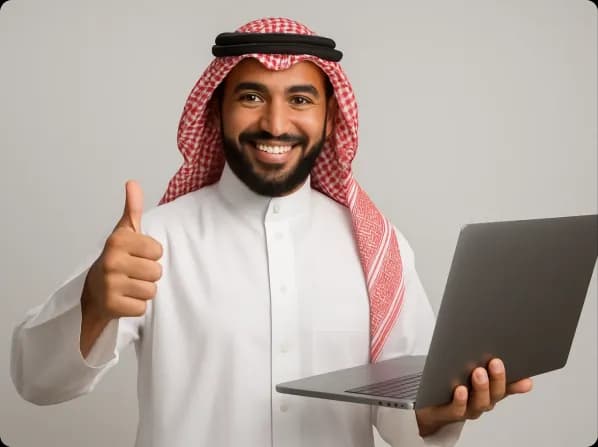 A professional in Saudi attire gives a thumbs-up while using a laptop, demonstrating the simplicity and effectiveness of Deepora's communication solutions.