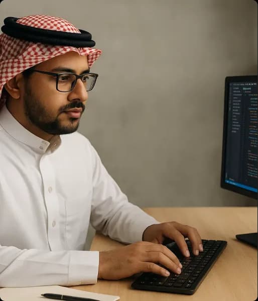 A talented Deepora developer analyzing complex code on a vertical monitor to build powerful integrations.