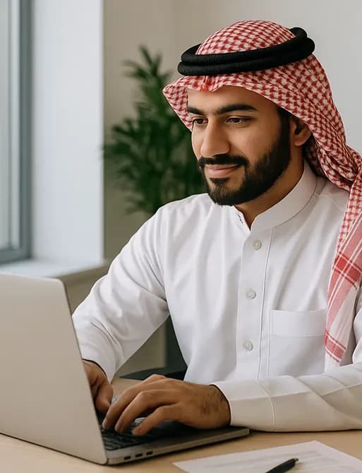 A friendly Deepora software engineer smiling while developing advanced communication technology on a laptop.